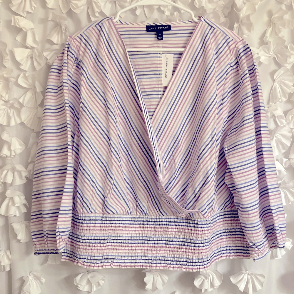 NWT Lane Bryant smocked 3/4 stripe top size 20. Purple blue white. - Picture 4 of 13